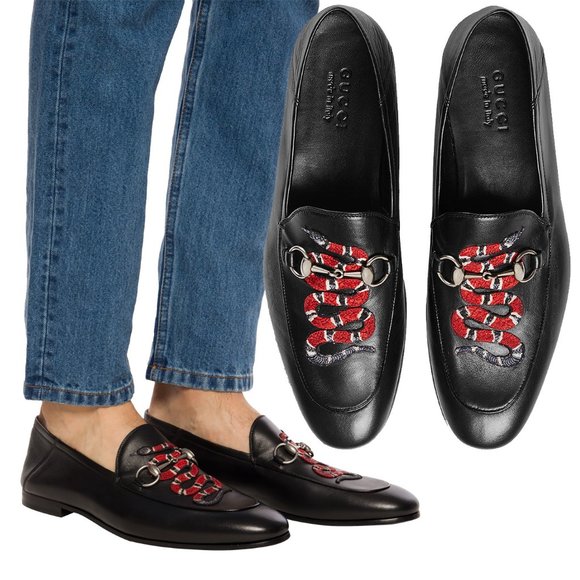 GUCCI SHOES MENS BRIXTON KINGSNAKE BLACK LEATHER HORSEBIT LOAFER - Picture 1 of 15